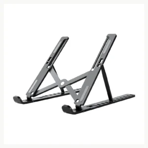 Black open-frame foldable laptop stand shown from the front at an angle