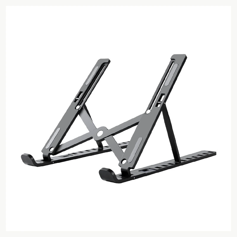 Black open-frame foldable laptop stand shown from the front at an angle